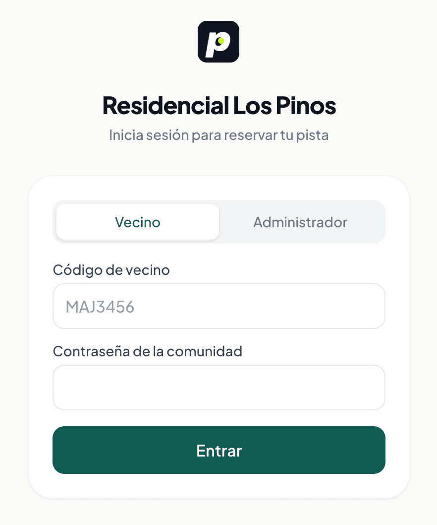 Pantalla de acceso de Residencial Los Pinos
