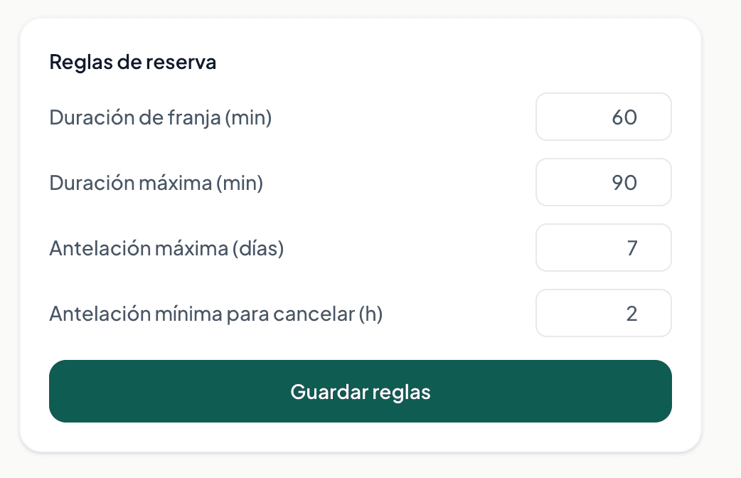 Reglas de reserva configurables por pista