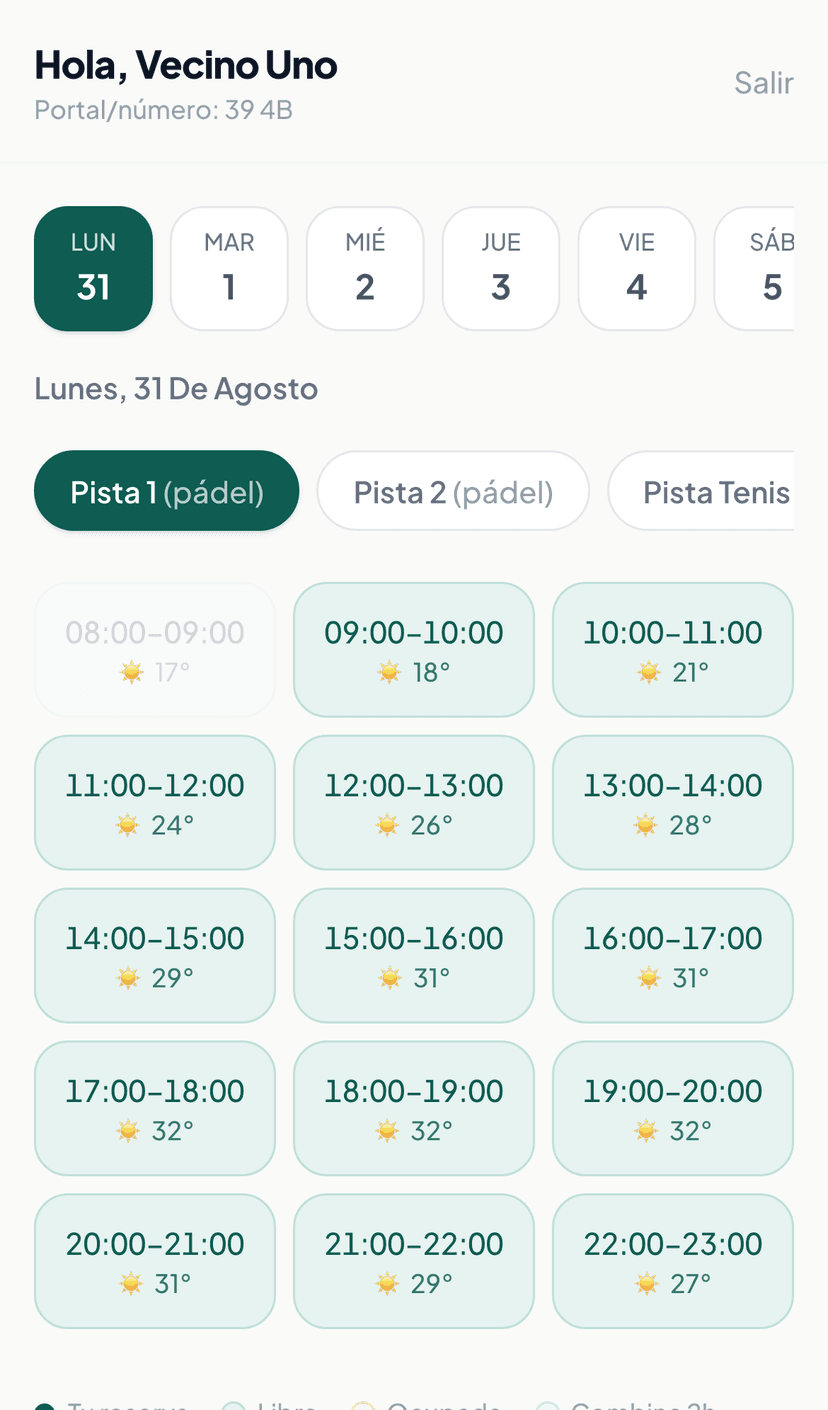 Calendario de reservas de PistaClick en el móvil